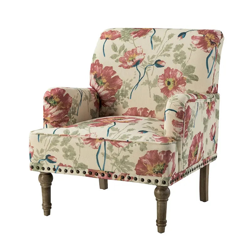 Fauteuil d'appoint capitonné floral avec pieds en bois tournés – Plusieurs couleurs