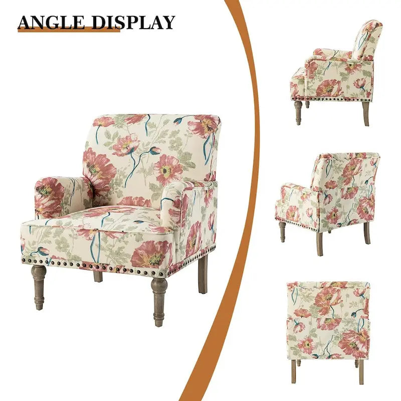 Fauteuil d'appoint capitonné floral avec pieds en bois tournés – Plusieurs couleurs