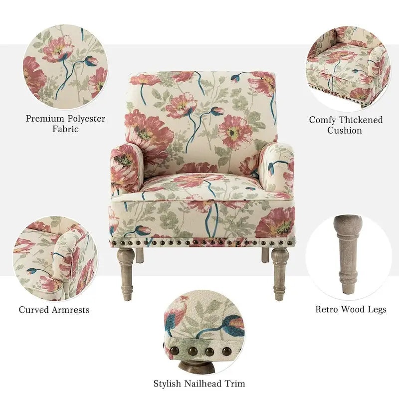 Fauteuil d'appoint capitonné floral avec pieds en bois tournés – Plusieurs couleurs