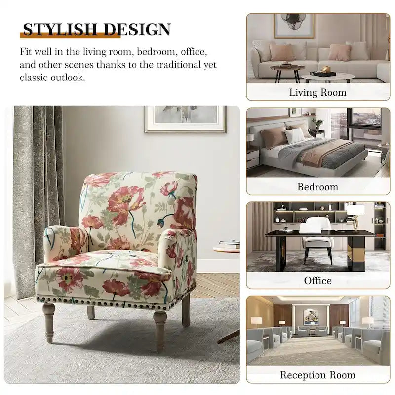Fauteuil d'appoint capitonné floral avec pieds en bois tournés – Plusieurs couleurs