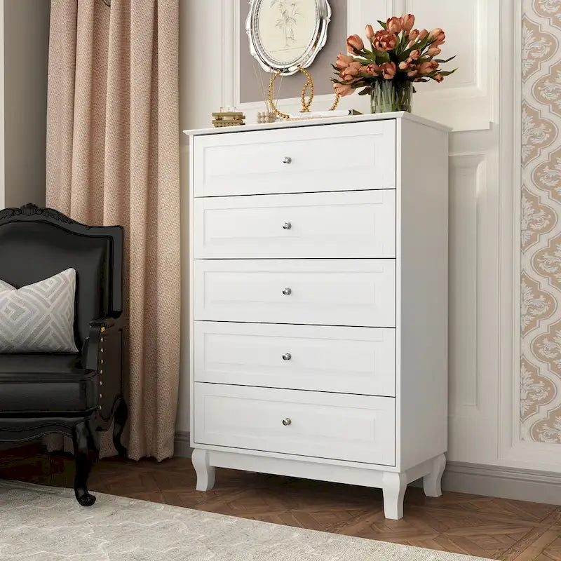 Commode moderne à 5 tiroirs avec pieds en bois massif