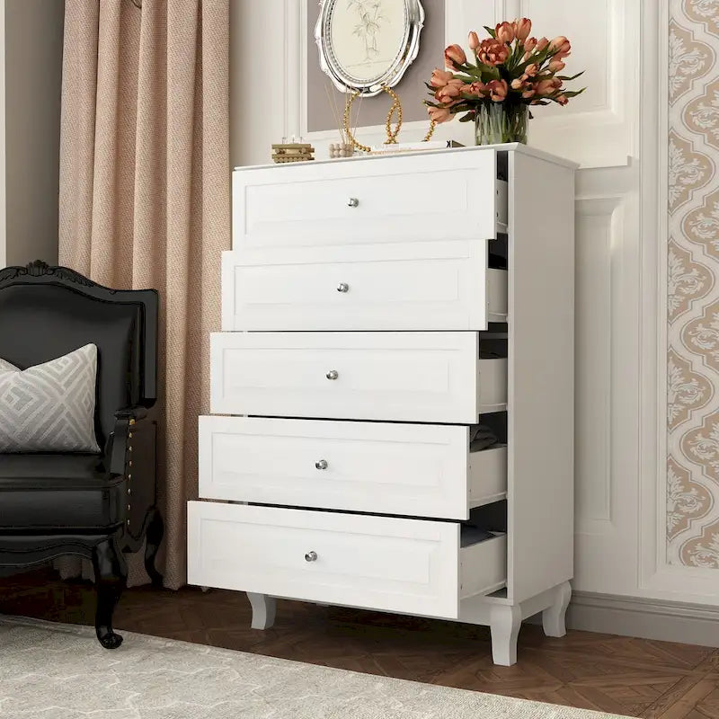 Commode moderne à 5 tiroirs avec pieds en bois massif