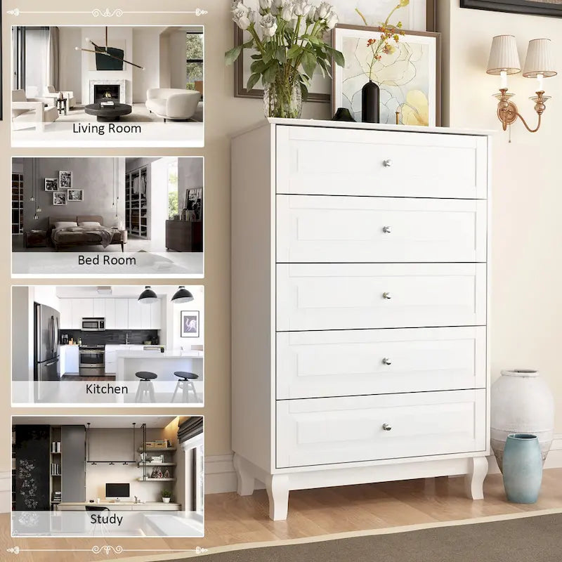 Commode moderne à 5 tiroirs avec pieds en bois massif