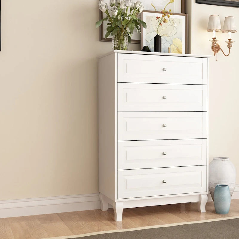 Commode moderne à 5 tiroirs avec pieds en bois massif