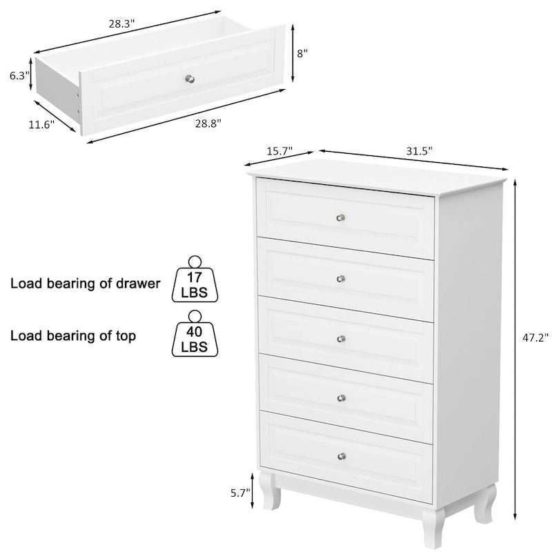 Commode moderne à 5 tiroirs avec pieds en bois massif