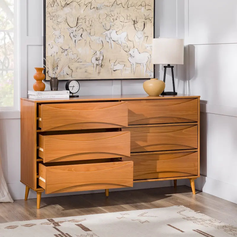 Commode large à 6 tiroirs en bois massif de style Mid-Century Modern