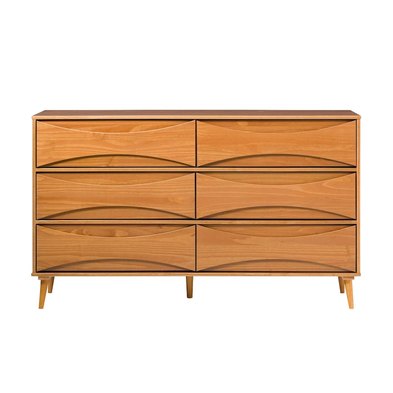 Commode large à 6 tiroirs en bois massif de style Mid-Century Modern
