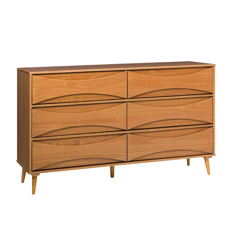 Commode large à 6 tiroirs en bois massif de style Mid-Century Modern