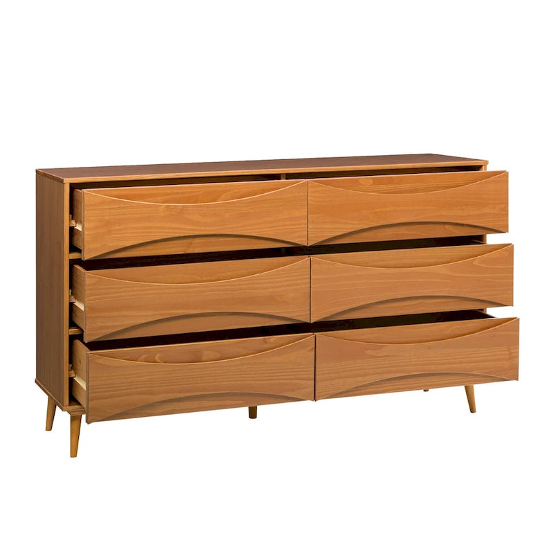 Commode large à 6 tiroirs en bois massif de style Mid-Century Modern