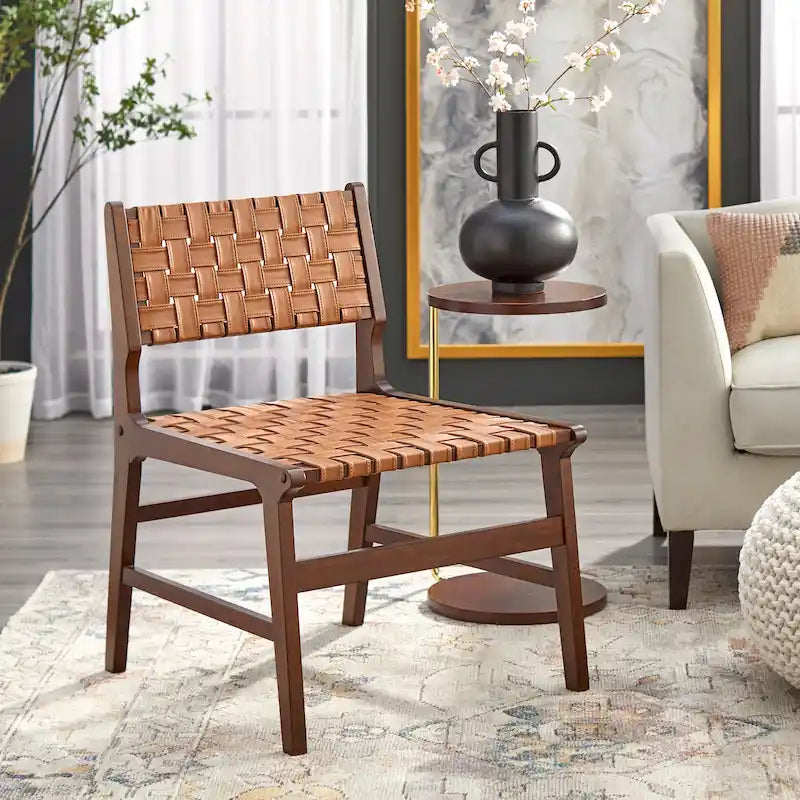 Fauteuil d'appoint mi-siècle en hévéa massif avec assise en cuir végétalien tressé – Marron rustique