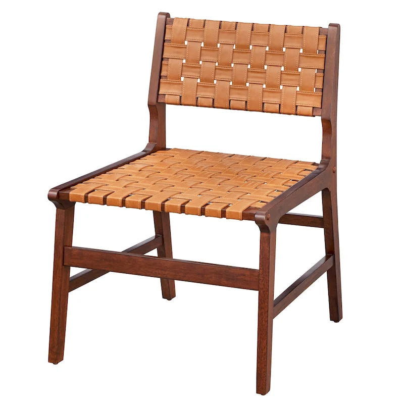 Fauteuil d'appoint mi-siècle en hévéa massif avec assise en cuir végétalien tressé – Marron rustique