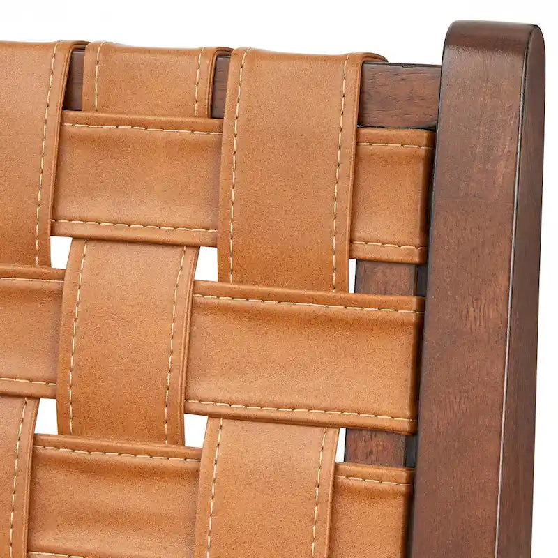 Fauteuil d'appoint mi-siècle en hévéa massif avec assise en cuir végétalien tressé – Marron rustique