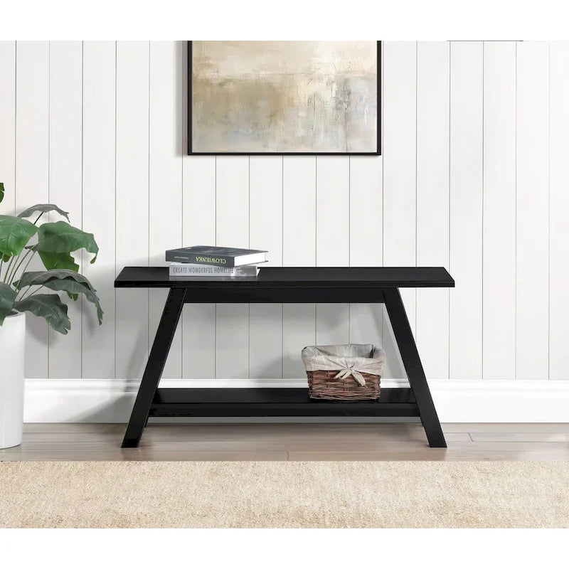 Banc de rangement en bois massif ambiance ferme avec étagère inférieure