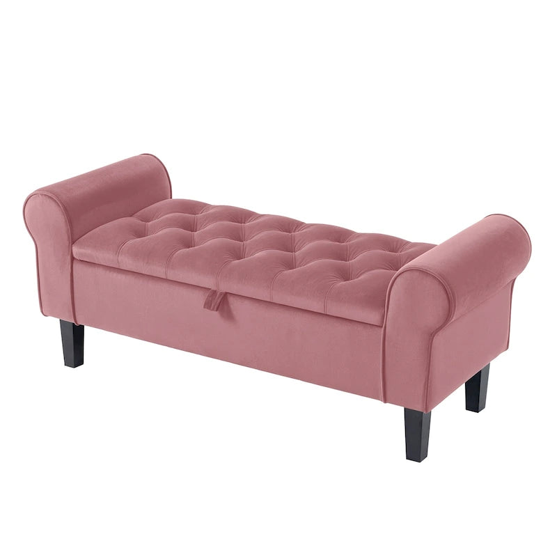 Banc de rangement ottoman en velours avec accoudoirs arrondis et pieds en bois d'hévéa – Plusieurs coloris