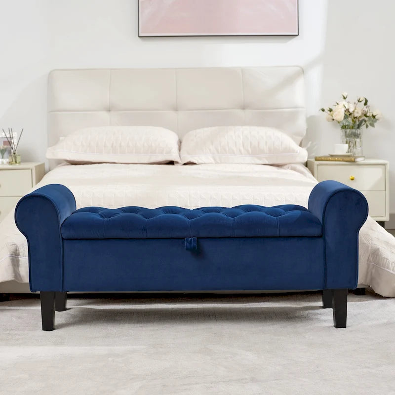 Banc de rangement ottoman en velours avec accoudoirs arrondis et pieds en bois d'hévéa – Plusieurs coloris