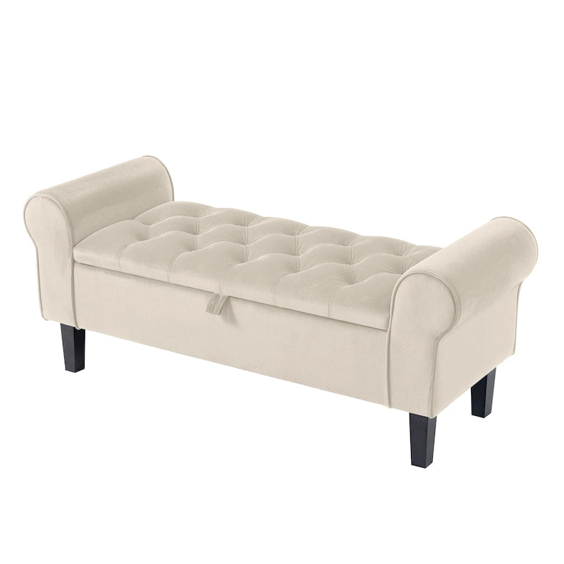 Banc de rangement ottoman en velours avec accoudoirs arrondis et pieds en bois d'hévéa – Plusieurs coloris