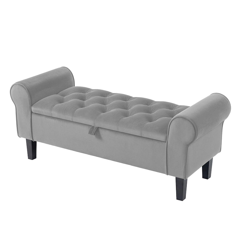 Banc de rangement ottoman en velours avec accoudoirs arrondis et pieds en bois d'hévéa – Plusieurs coloris