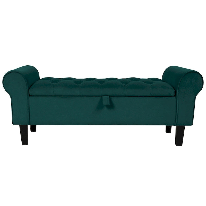 Banc de rangement ottoman en velours avec accoudoirs arrondis et pieds en bois d'hévéa – Plusieurs coloris