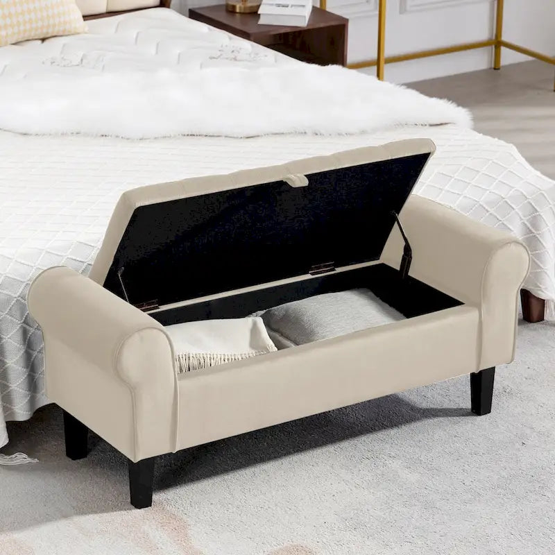 Banc de rangement ottoman en velours avec accoudoirs arrondis et pieds en bois d'hévéa – Plusieurs coloris