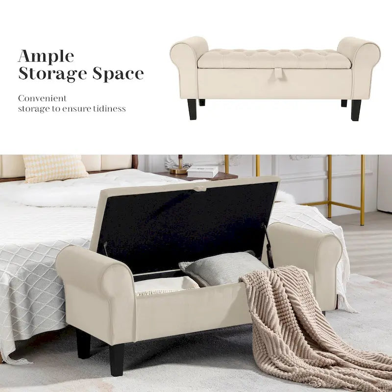 Banc de rangement ottoman en velours avec accoudoirs arrondis et pieds en bois d'hévéa – Plusieurs coloris