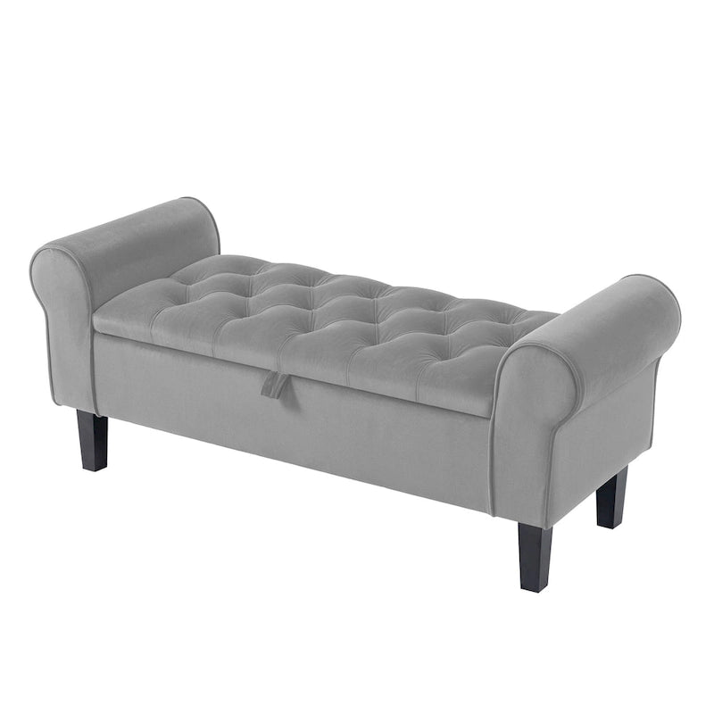 Banc de rangement ottoman en velours avec accoudoirs arrondis et pieds en bois d'hévéa – Plusieurs coloris