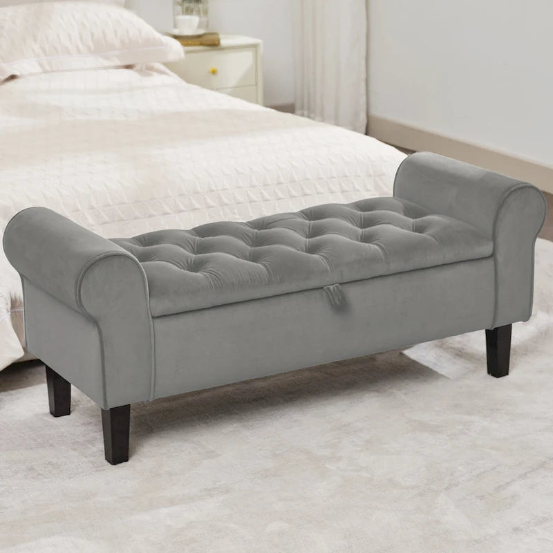Banc de rangement ottoman en velours avec accoudoirs arrondis et pieds en bois d'hévéa – Plusieurs coloris