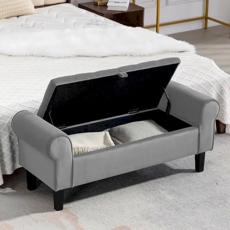 Banc de rangement ottoman en velours avec accoudoirs arrondis et pieds en bois d'hévéa – Plusieurs coloris