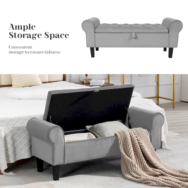 Banc de rangement ottoman en velours avec accoudoirs arrondis et pieds en bois d'hévéa – Plusieurs coloris