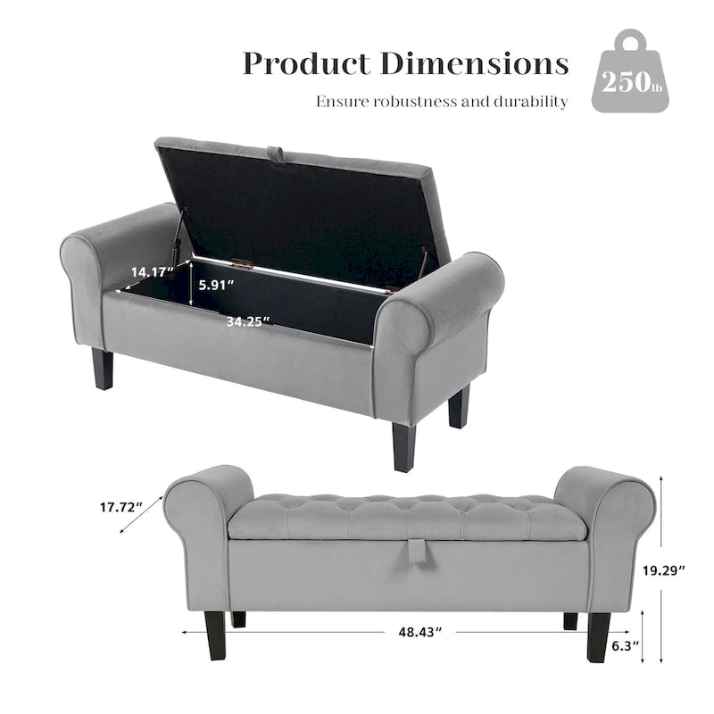 Banc de rangement ottoman en velours avec accoudoirs arrondis et pieds en bois d'hévéa – Plusieurs coloris