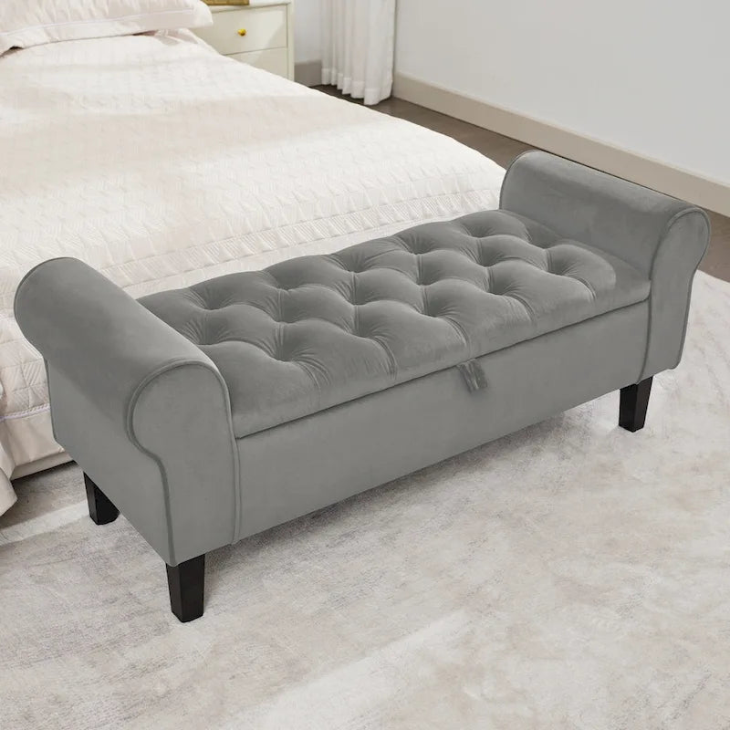 Banc de rangement ottoman en velours avec accoudoirs arrondis et pieds en bois d'hévéa – Plusieurs coloris