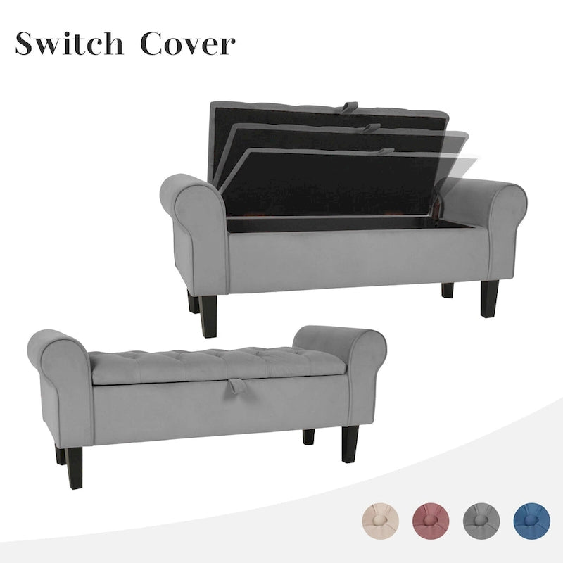 Banc de rangement ottoman en velours avec accoudoirs arrondis et pieds en bois d'hévéa – Plusieurs coloris