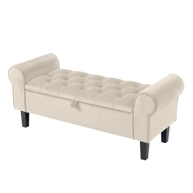 Banc de rangement ottoman en velours avec accoudoirs arrondis et pieds en bois d'hévéa – Plusieurs coloris