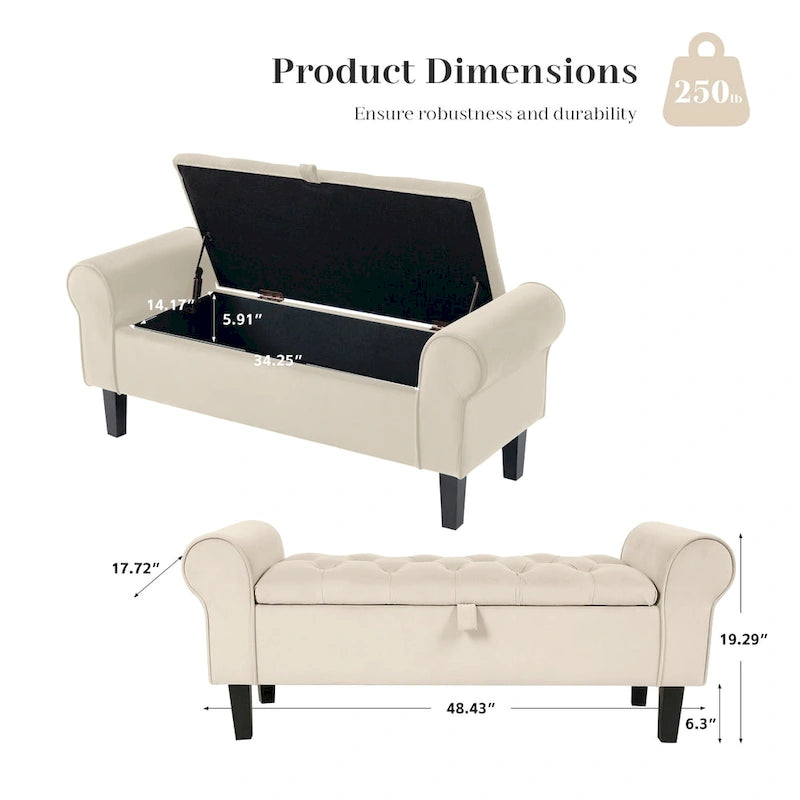 Banc de rangement ottoman en velours avec accoudoirs arrondis et pieds en bois d'hévéa – Plusieurs coloris