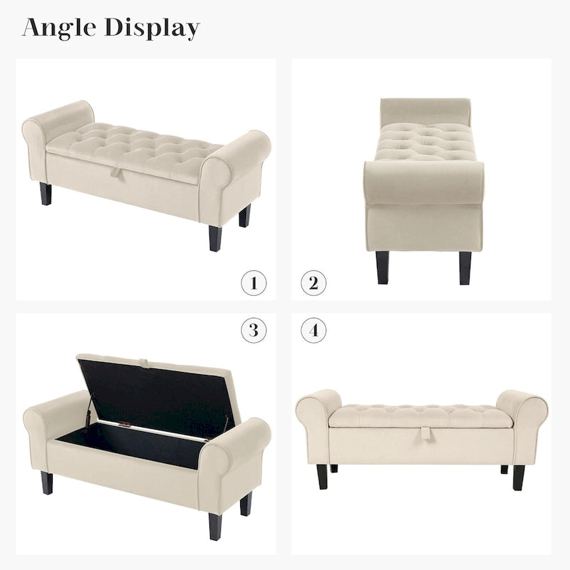 Banc de rangement ottoman en velours avec accoudoirs arrondis et pieds en bois d'hévéa – Plusieurs coloris