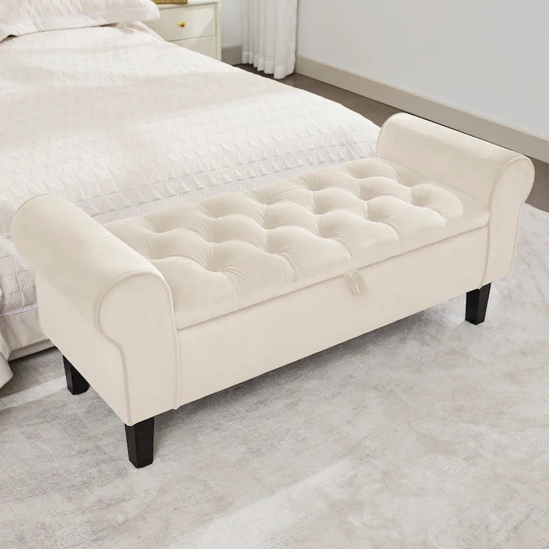 Banc de rangement ottoman en velours avec accoudoirs arrondis et pieds en bois d'hévéa – Plusieurs coloris