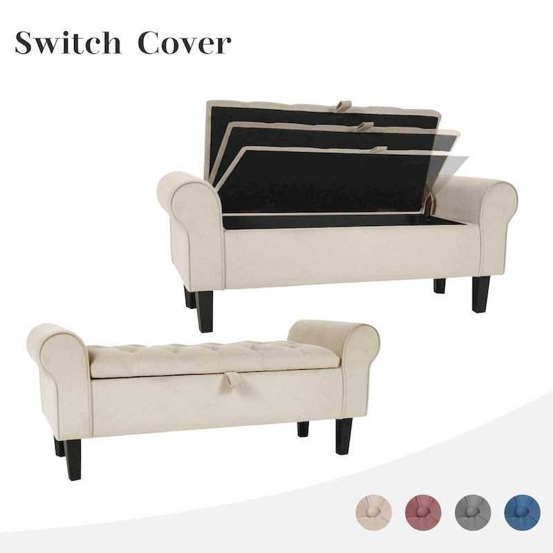 Banc de rangement ottoman en velours avec accoudoirs arrondis et pieds en bois d'hévéa – Plusieurs coloris