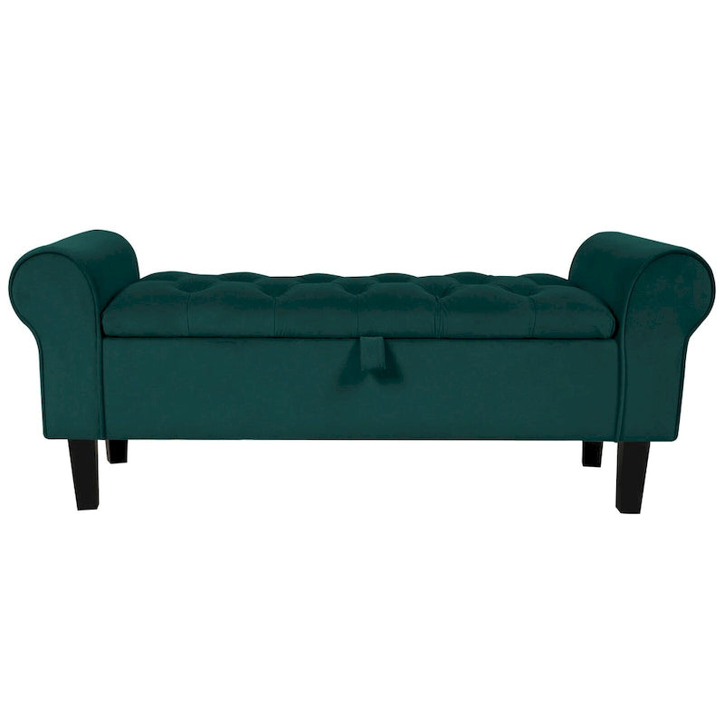 Banc de rangement ottoman en velours avec accoudoirs arrondis et pieds en bois d'hévéa – Plusieurs coloris