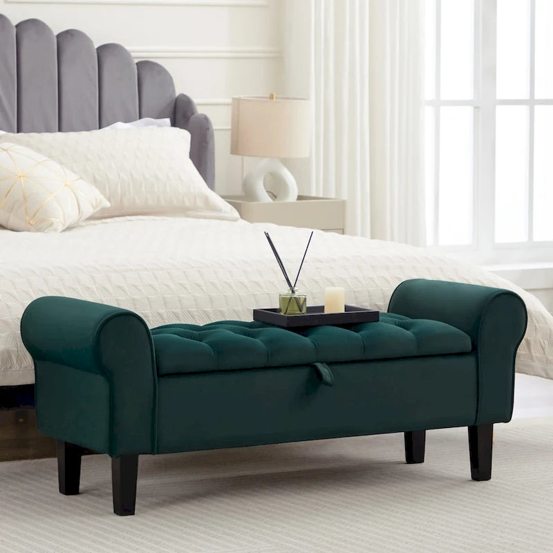 Banc de rangement ottoman en velours avec accoudoirs arrondis et pieds en bois d'hévéa – Plusieurs coloris