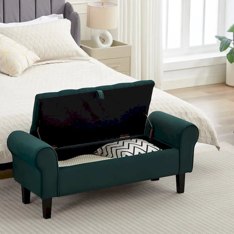 Banc de rangement ottoman en velours avec accoudoirs arrondis et pieds en bois d'hévéa – Plusieurs coloris