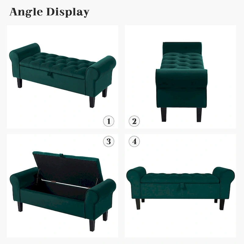 Banc de rangement ottoman en velours avec accoudoirs arrondis et pieds en bois d'hévéa – Plusieurs coloris
