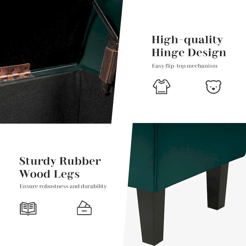 Banc de rangement ottoman en velours avec accoudoirs arrondis et pieds en bois d'hévéa – Plusieurs coloris