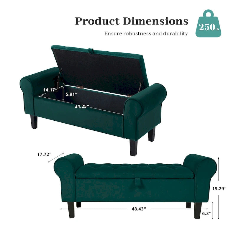 Banc de rangement ottoman en velours avec accoudoirs arrondis et pieds en bois d'hévéa – Plusieurs coloris