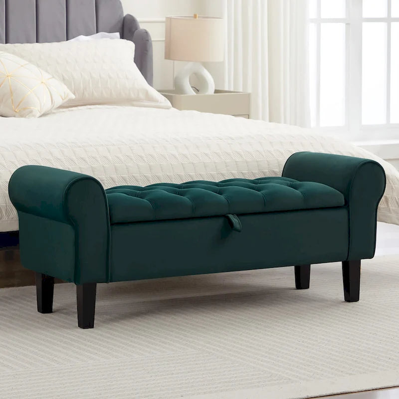 Banc de rangement ottoman en velours avec accoudoirs arrondis et pieds en bois d'hévéa – Plusieurs coloris