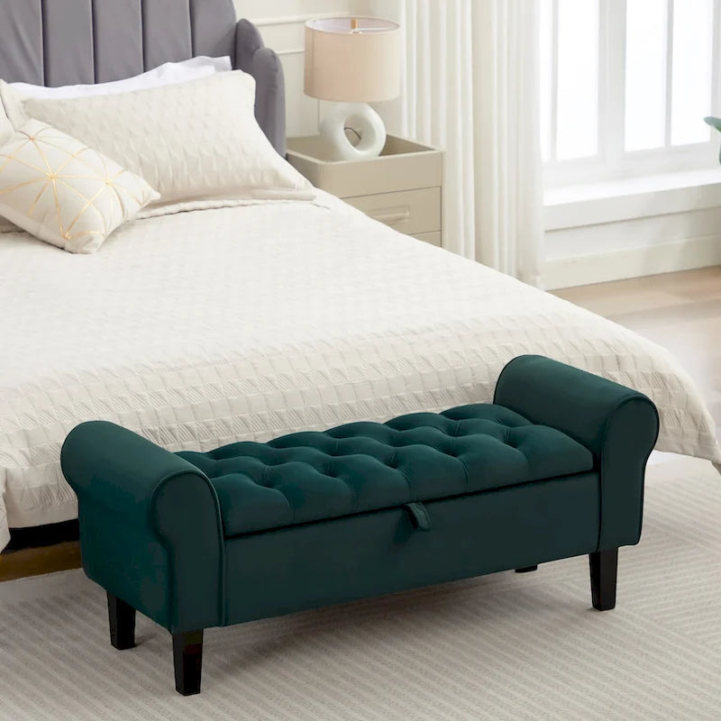 Banc de rangement ottoman en velours avec accoudoirs arrondis et pieds en bois d'hévéa – Plusieurs coloris