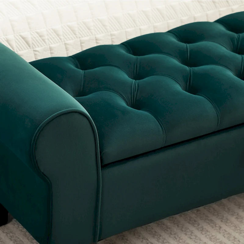 Banc de rangement ottoman en velours avec accoudoirs arrondis et pieds en bois d'hévéa – Plusieurs coloris