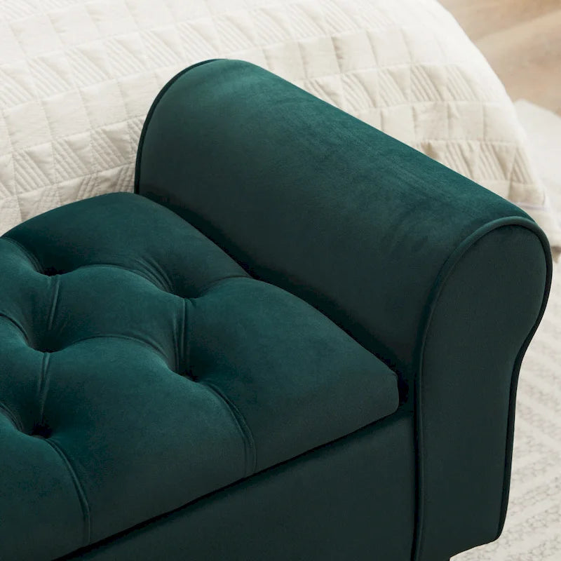 Banc de rangement ottoman en velours avec accoudoirs arrondis et pieds en bois d'hévéa – Plusieurs coloris