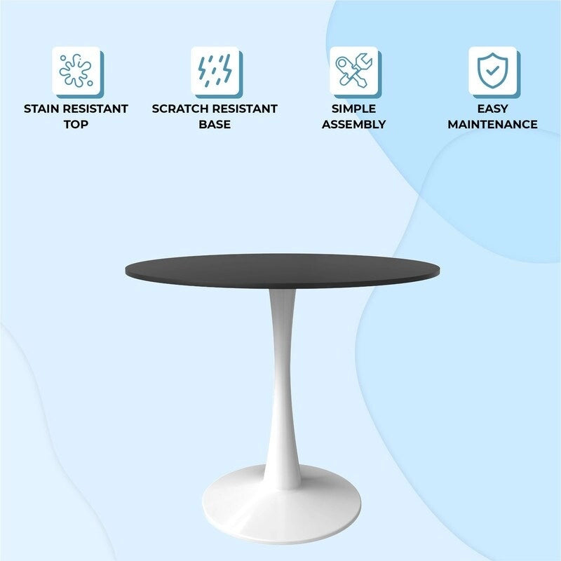 Table à manger ronde de 89 cm style Mid-Century Modern avec plateau en MDF et pied central en acier