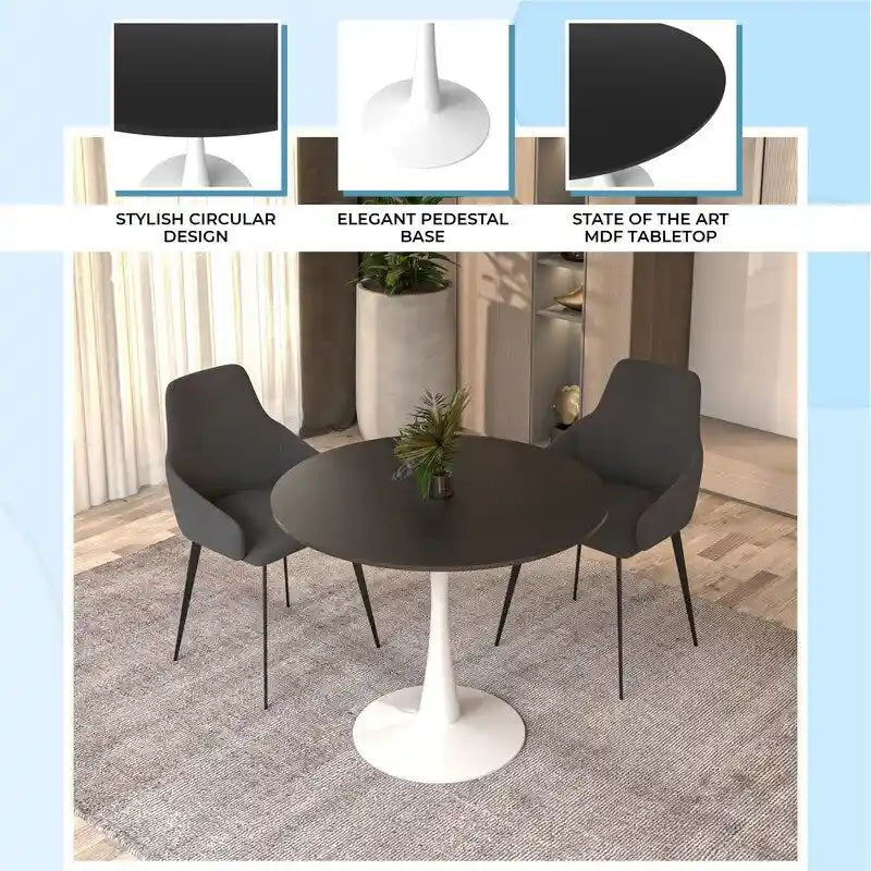 Table à manger ronde de 89 cm style Mid-Century Modern avec plateau en MDF et pied central en acier