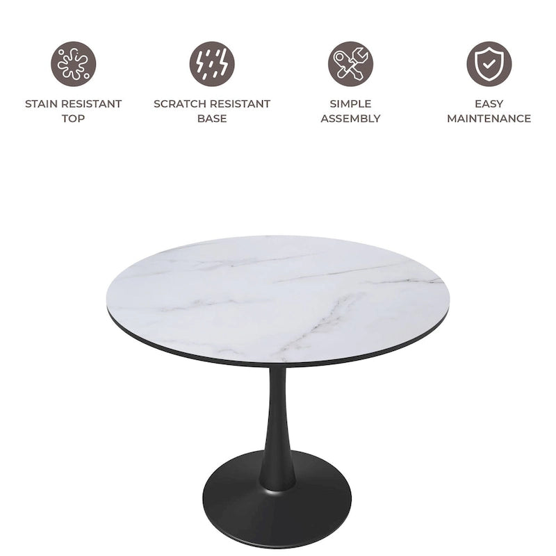 Table à manger ronde de 89 cm style Mid-Century Modern avec plateau en MDF et pied central en acier