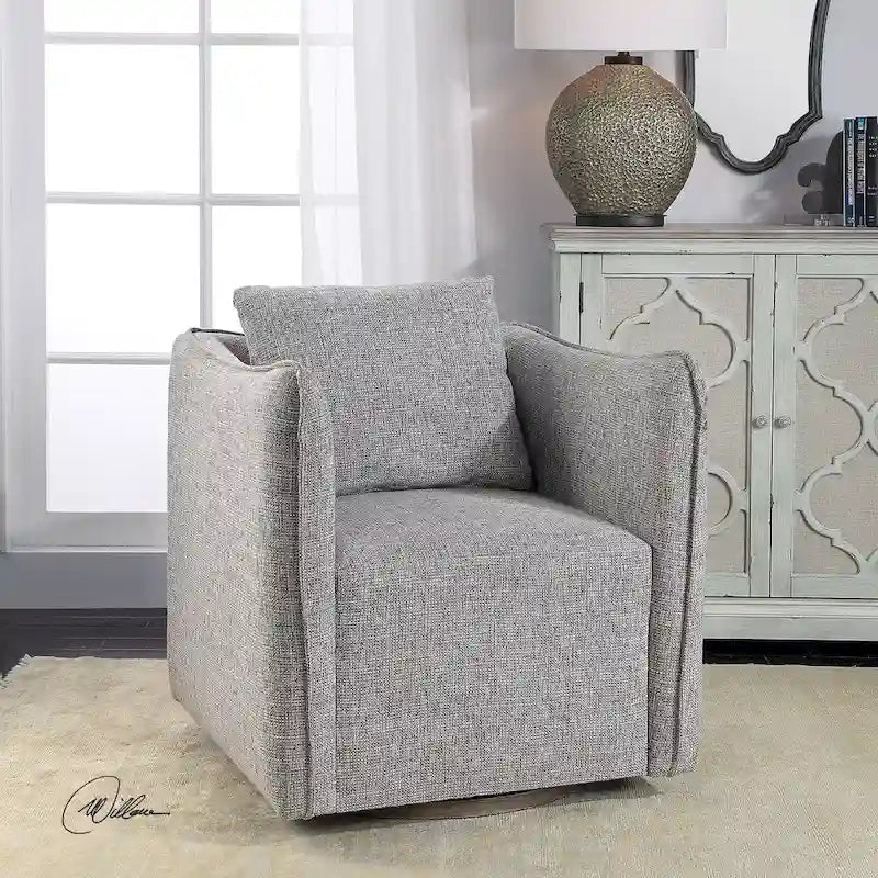 Fauteuil pivotant d'appoint en mélange de lin avec base en bois gris vieilli